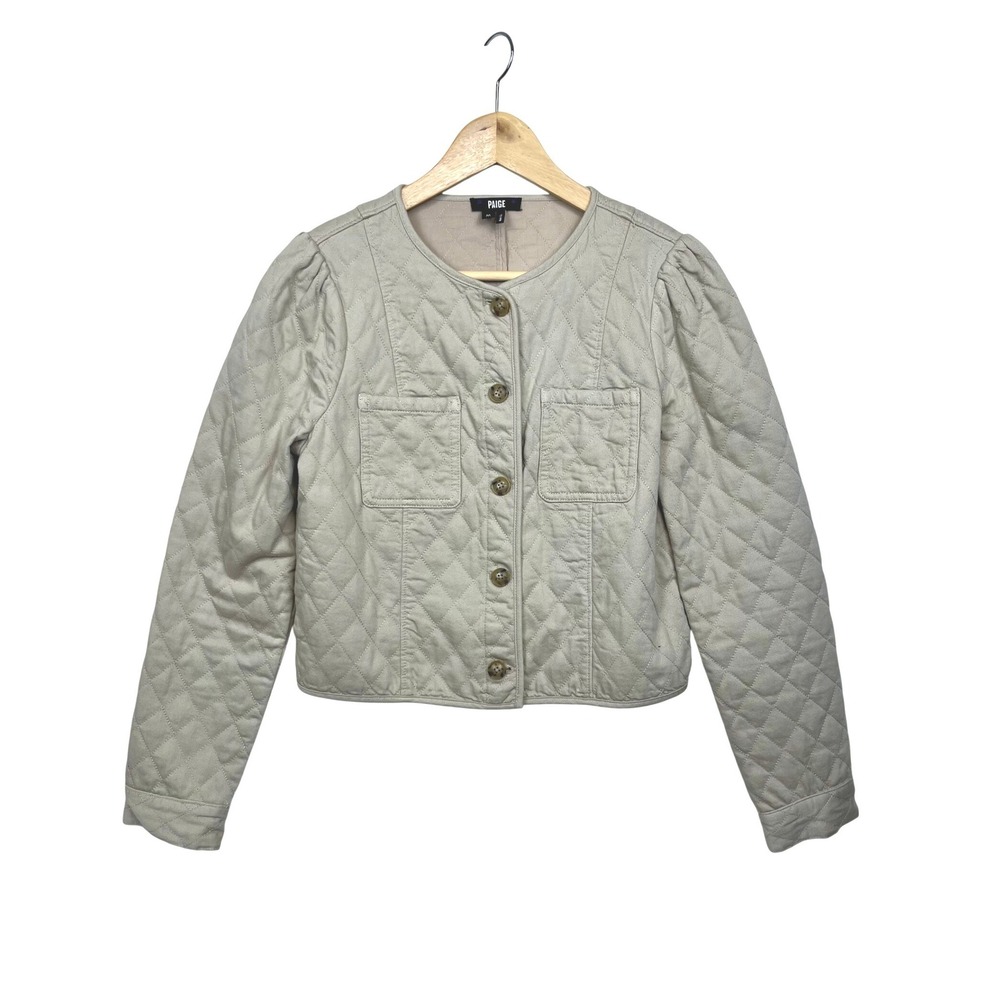 Paige Calani Tan Quilted Crop Jacket M Puff Shoulder Utility Minimalist Chic